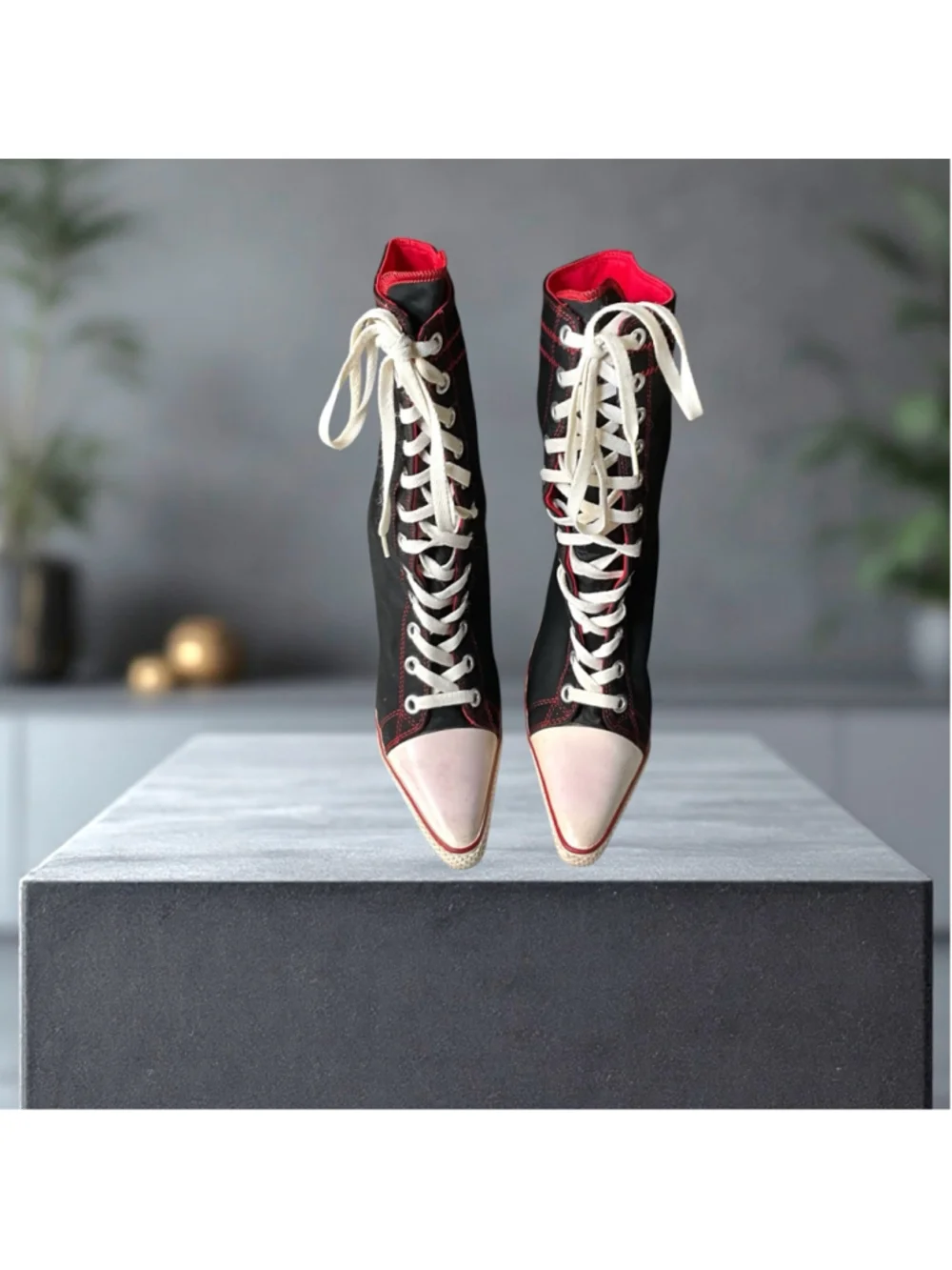 Anne Michelle NOWELL-02 Y2K Mid-Calf Lace-Up Stiletto Heel Boots Black Red Wm 8 - Picture 3 of 9